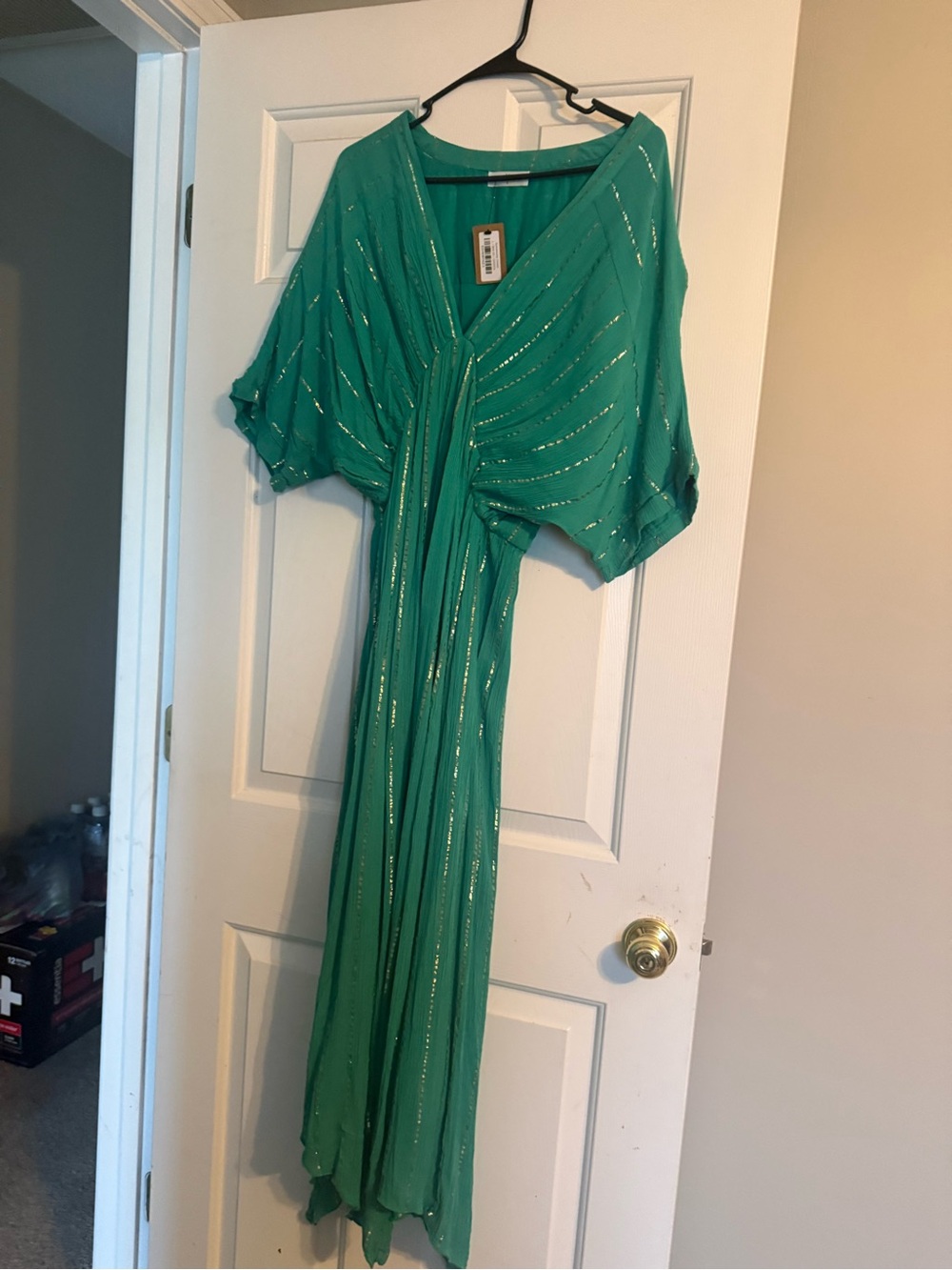 vestique Emerald Green Metallic-Striped V-Neck Maxi Dress